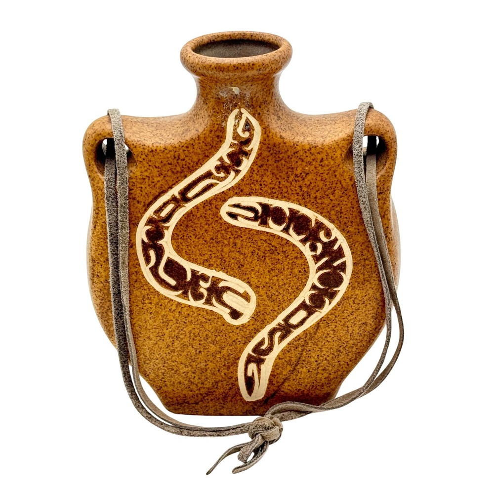 Snake Canteen Vase Mira Ceramic Pottery Brown Speckled Sgraffito Suede Cord 7"